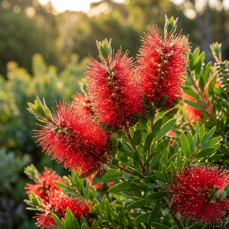 Close-up of vibrant red Little John Bottlebrush - Callistemon 'Little John' flowers with green leaves, sunlit outdoors. This compact plant is ideal for garden borders and hedges.