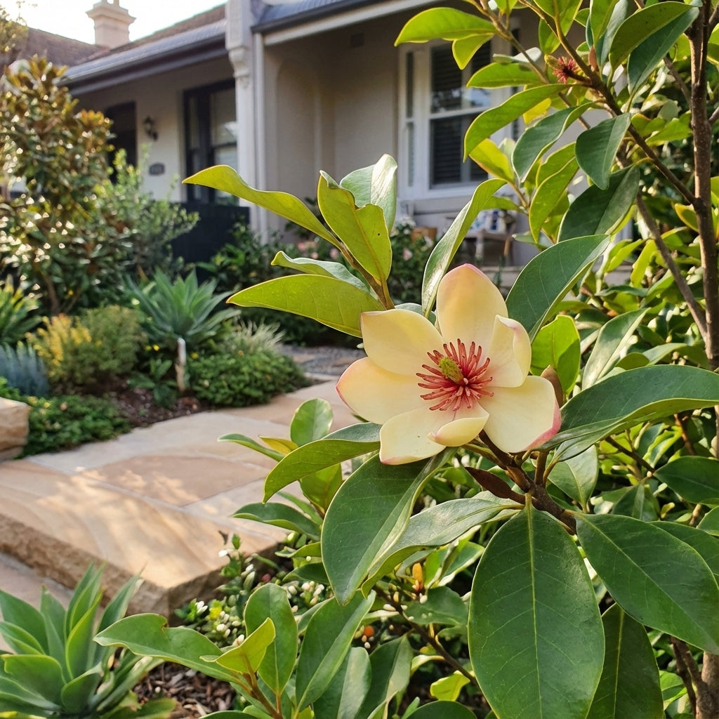 A cream-yellow flower with a red center blooms in the garden, while fragrant white flowers of the Little Sarah Magnolia (Magnolia laevifolia 'Little Sarah') are nearby; a house and pathway appear in the background.