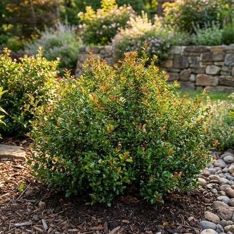 Little Tom Lilly Pilly - Syzygium ‘Little Tom’ is a dense, compact Australian native shrub with small green leaves, ideal for low hedging in mulched gardens near rocks or stone walls.