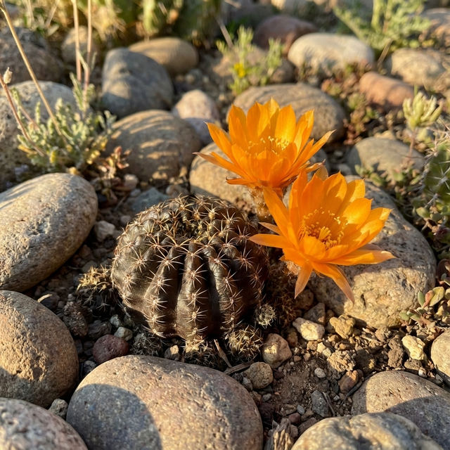 The Black Cactus - Lobivia arachnacantha features a small, dark cactus with two vivid orange blooms, set among rocks and dry soil—an eye-catching, low-maintenance choice for unique plant displays.