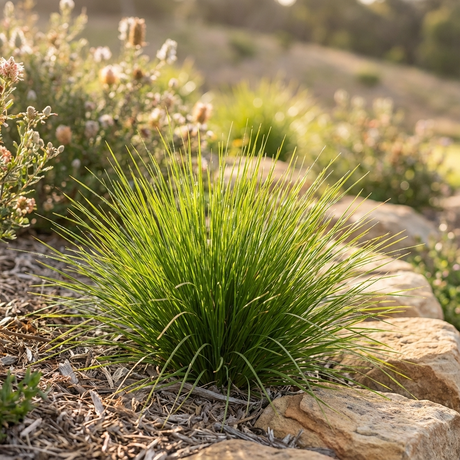An Echidna Grass Lomandra (Lomandra confertifolia 'Echidna Grass') with spiky green foliage grows beside rocks in a sunlit garden, while blurred plants fill the background.