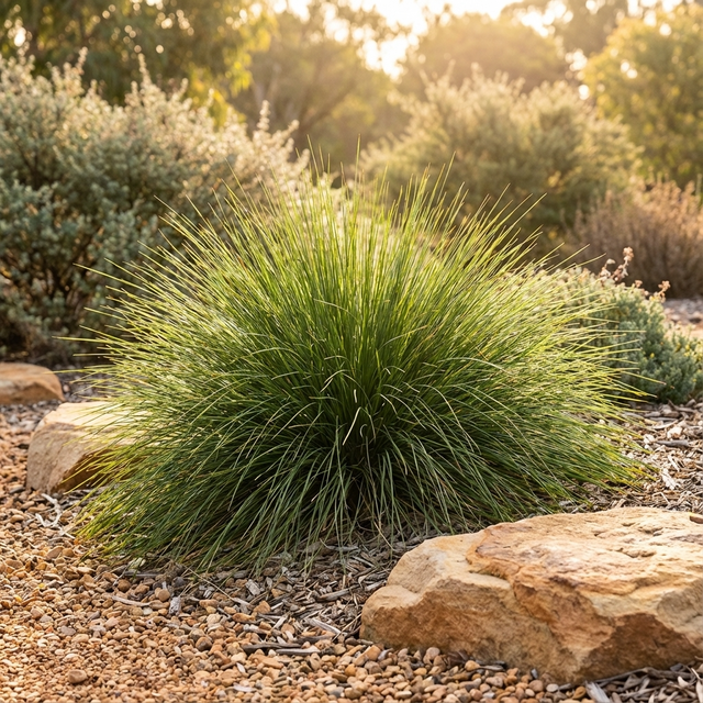 The Frosty Top Lomandra (Lomandra confertifolia ssp. rubiginosa 'Frosty Top' PBR) features spiky green, silver-tipped foliage and thrives among rocks and gravel, making it a striking, low maintenance choice for sunny gardens.