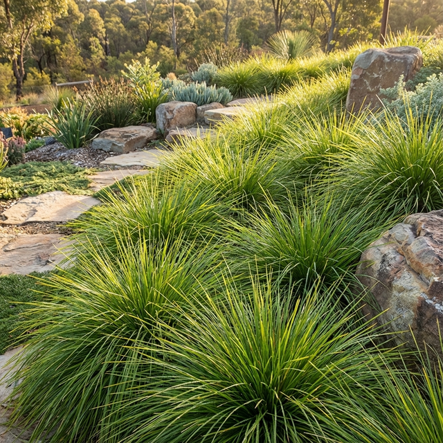 Tanika Lomandra (Lomandra longifolia 'Tanika'), with its green spiky foliage, combined with large rocks and sunlit trees, creates a low-maintenance, drought-tolerant garden landscape.