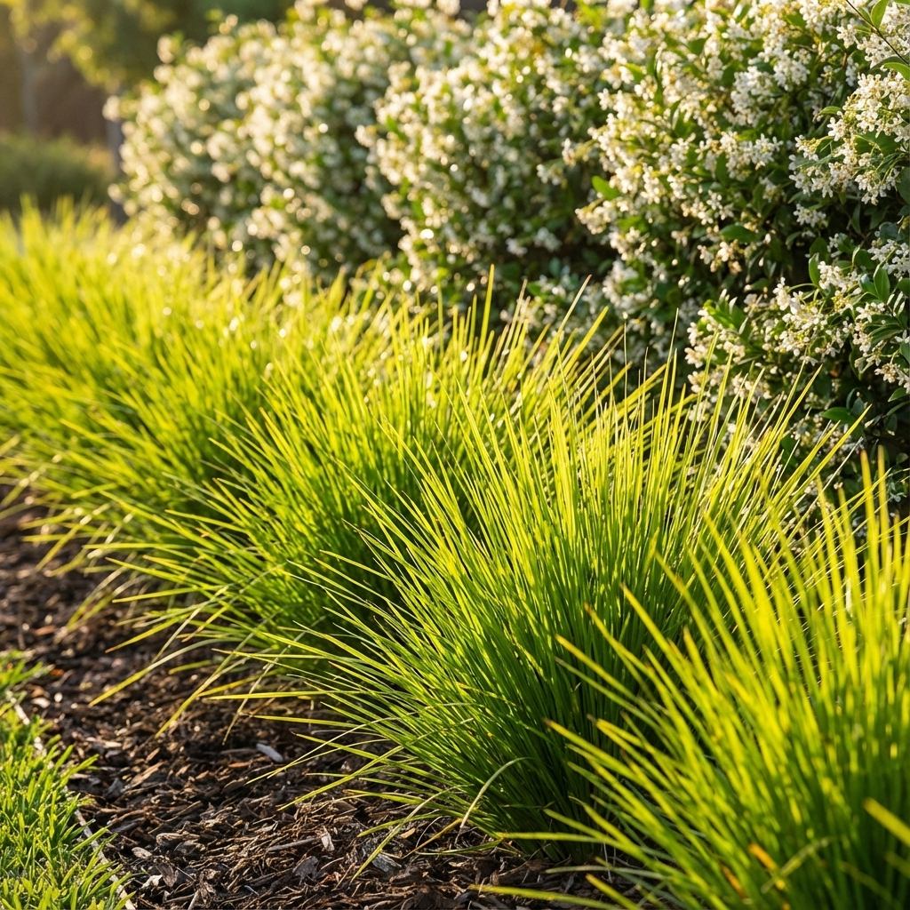 Lime Tuff Lomandra ('Lomandra Lime Tuff'), a drought-tolerant grass, pairs with white flowering shrubs for a vibrant, sunlit garden bed. Ideal as low-maintenance ground cover.