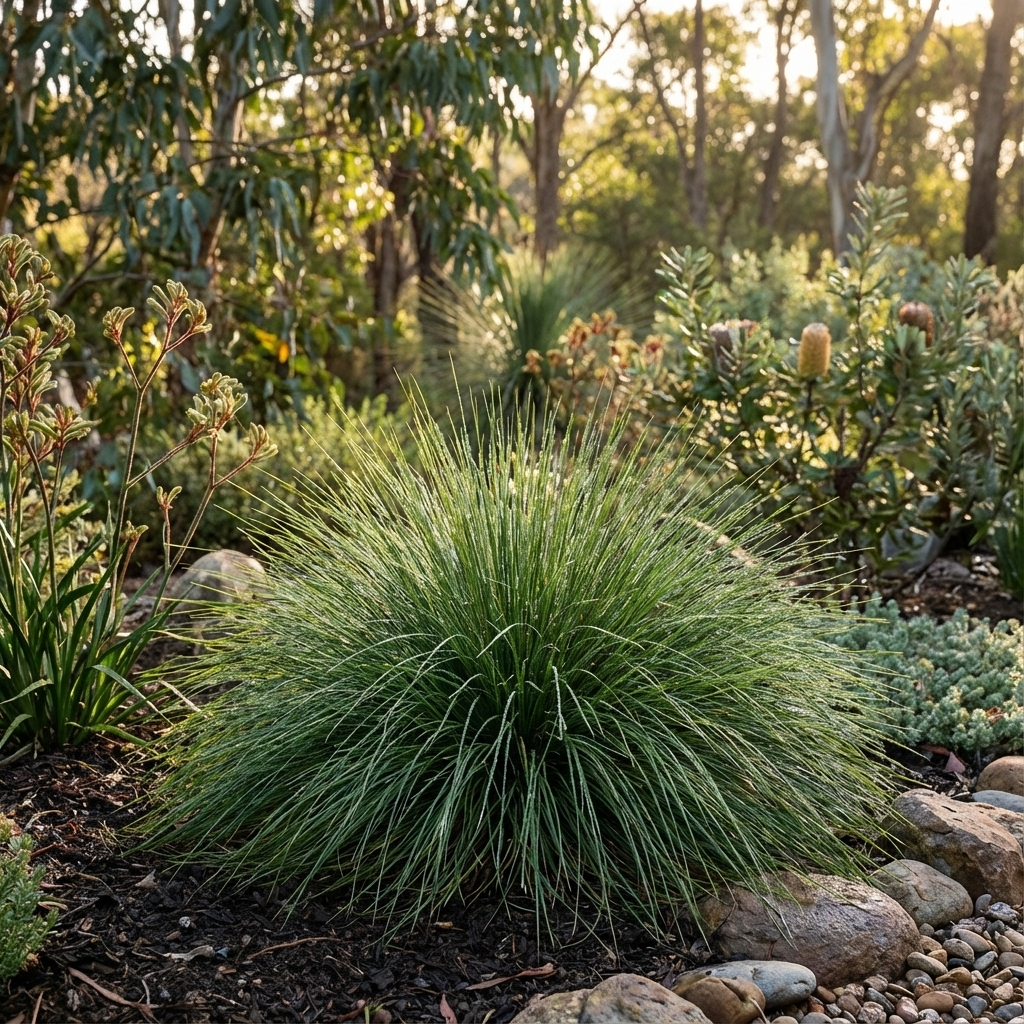 Little Pal Lomandra (Lomandra confertifolia 'Little Pal') is a lush, compact evergreen grass that thrives in sunlit gardens, especially among rocks and other drought-tolerant plants.