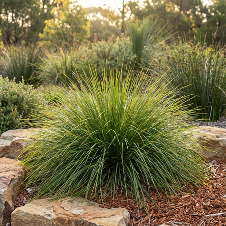 The Nyalla Lomandra - Lomandra longifolia 'Nyalla' adds texture and visual appeal among rocks and mulch, making it a striking, low-maintenance choice for sunlit gardens.