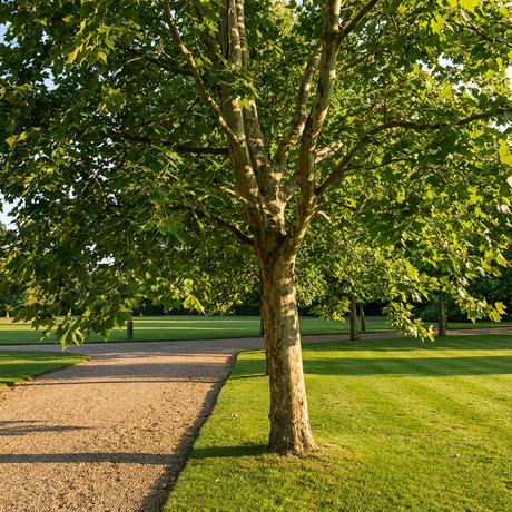 A London Plane Tree - Platanus × acerifolia with lush green leaves stands next to a gravel path, offering shade in the bright urban park.