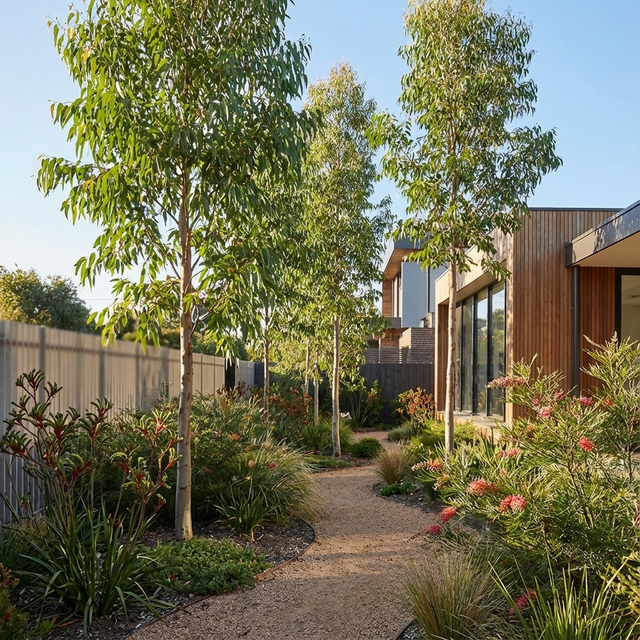 A gravel path winds through a modern garden featuring the Long-Fruited Marlock (Eucalyptus macrandra), a drought-tolerant native tree, surrounded by lush greenery beside a wooden house.