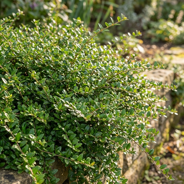 Dwarf Honeysuckle - Lonicera nitida is a low-growing, dense evergreen shrub with small, glossy green leaves, perfect for low hedges or spreading over stone garden borders.