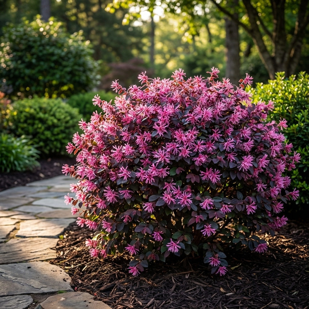 Rounded pink flowering shrub with blooms beside a stone path, surrounded by greenery in sunlight—Loropetalum chinense China Pink is an ideal low-maintenance choice for bright, easy-care landscapes.