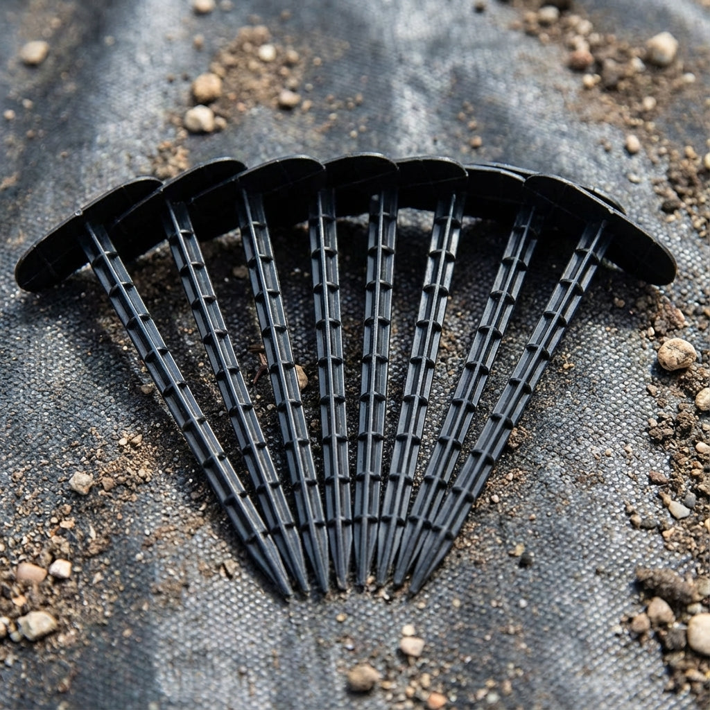 Ten Lotus Collection 14cm Weedmat Pins from the 10 Pack are arranged in a fan shape on soil and landscape fabric.