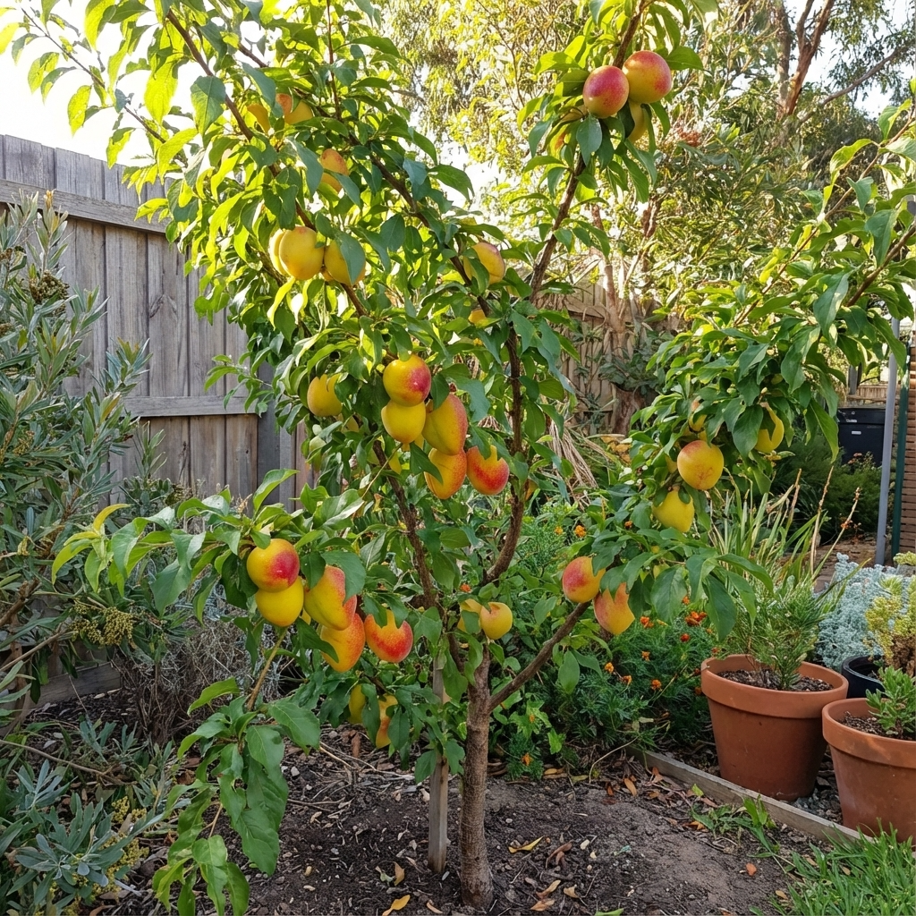 A peach tree with ripe fruit grows in a home orchard, surrounded by potted plants, greenery, and a nearby Luisa Plum (Prunus salicina ‘Luisa’) adding extra charm.
