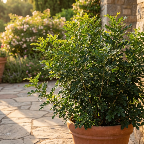 A sunlit potted Lush & Thin™ Murraya - Murraya paniculata 'Lush & Thin™' sits on a stone patio, creating an elegant, narrow privacy hedge with lush evergreen screening in the background.