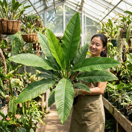 A woman holds a large leafy Lynette Philodendron - Philodendron Lynette, an easy-care plant, in a bright greenhouse filled with lush greenery.