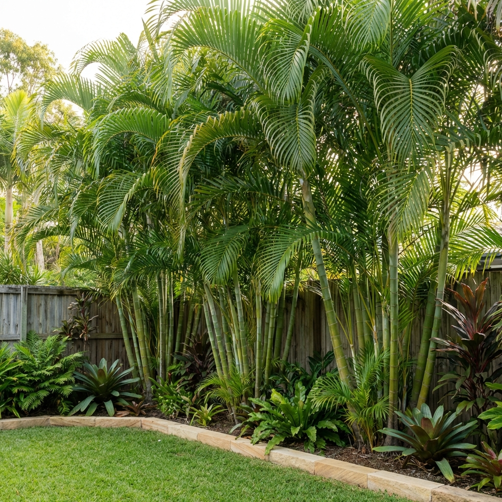 Tropical palms and lush plants, including the striking Madagascar Cane Palm (Dypsis madagascariensis), thrive along a wooden fence in this vibrant backyard garden.