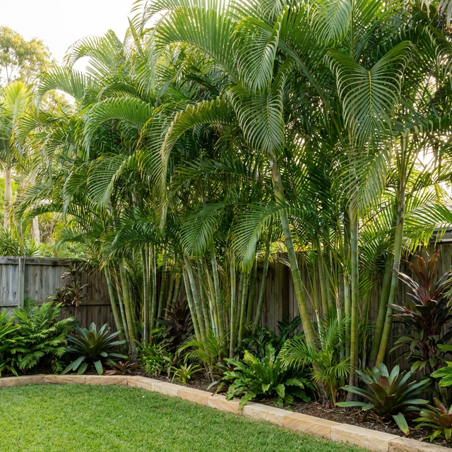 Tropical palms and lush plants, including the striking Madagascar Cane Palm (Dypsis madagascariensis), thrive along a wooden fence in this vibrant backyard garden.