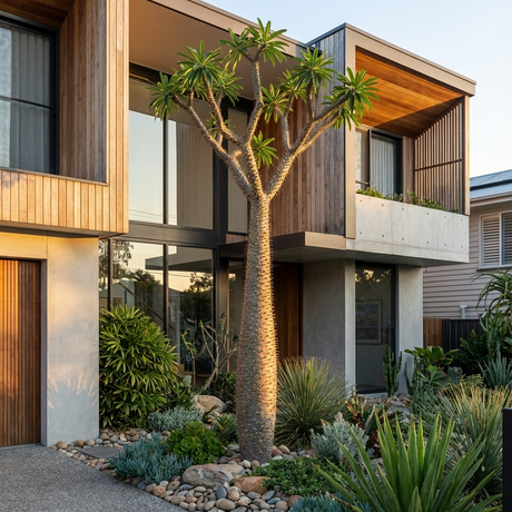 Modern house with wooden accents, large windows, and a xeriscaped garden featuring a tall Madagascar Palm - Pachypodium baronii and vibrant red flowers.