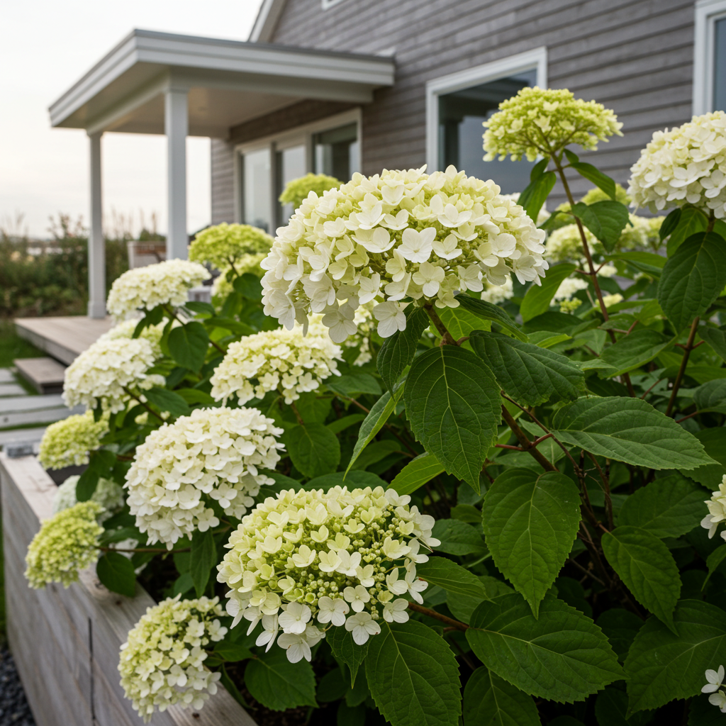 Magical Pearl Hydrangea - Hydrangea macrophylla 'Magical Pearl' features compact growth and long-lasting blooms, thriving in a garden bed next to a gray house with a porch.