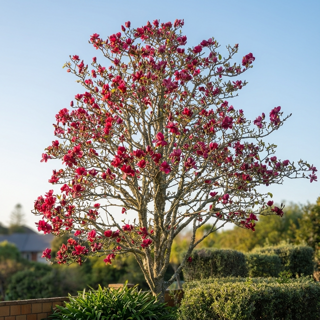 A Magnolia ‘Vulcan’ tree, with its stunning pink blooms, stands out as an exquisite ornamental feature in the garden against a clear blue sky.