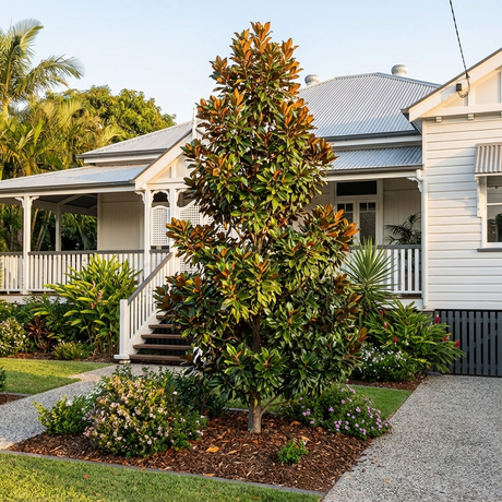 A Magnolia grandiflora ‘Kay Parris’ with fragrant white flowers grows in a landscaped front yard outside a white house with a porch and garden beds.