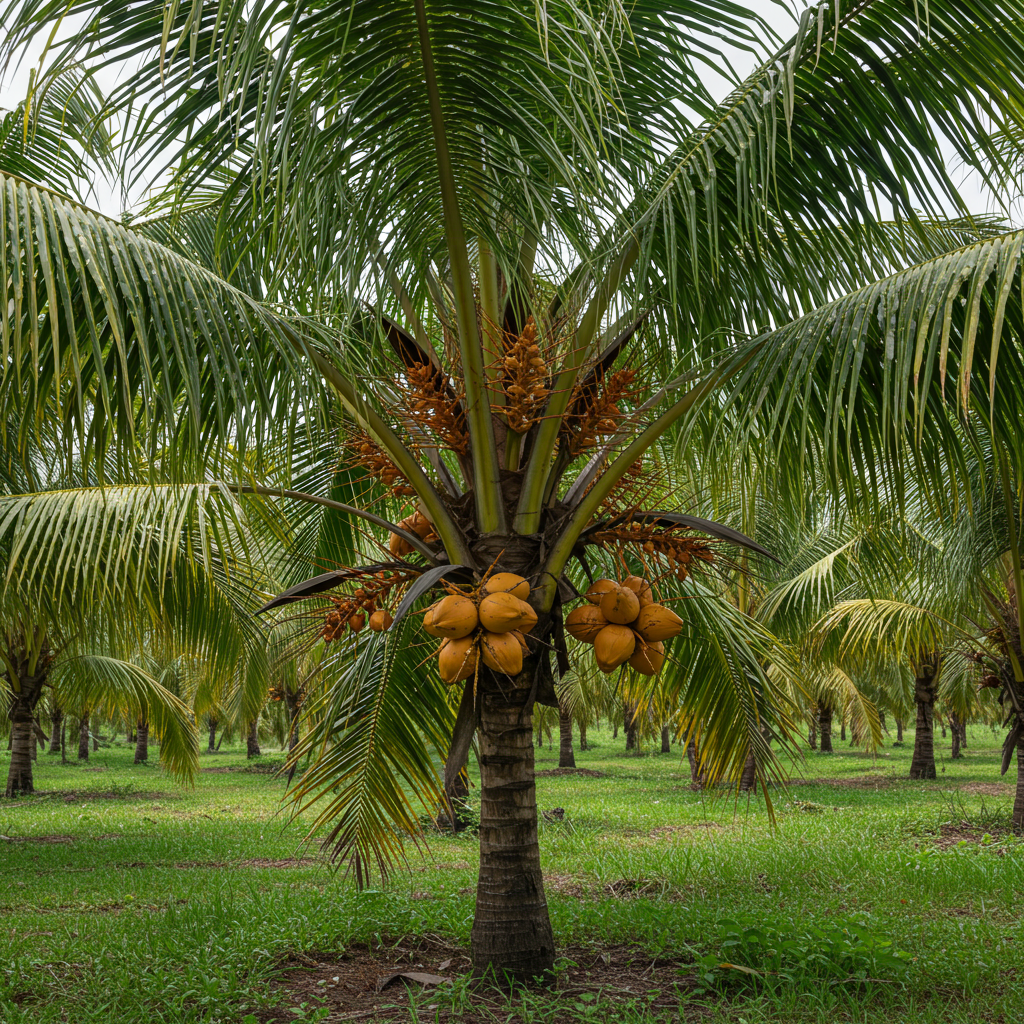 A Malay Dwarf Coconut Palm - Cocos nucifera, known for its clusters of yellow coconuts, stands tall in a lush green tropical garden.