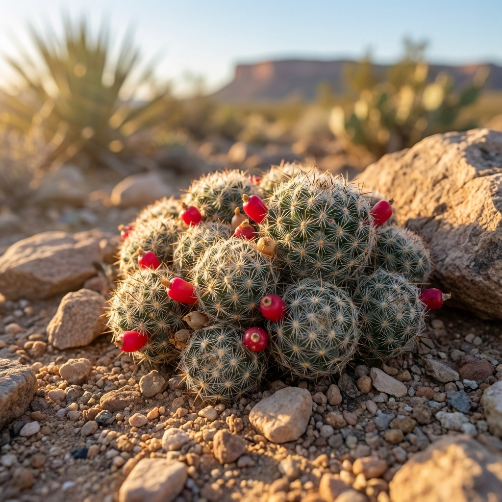Cluster of round Texas Nipple Cactus - Mammillaria prolifera with red fruit on rocky desert ground, blurred plants and mesa behind—a striking, low-maintenance choice for arid landscapes.