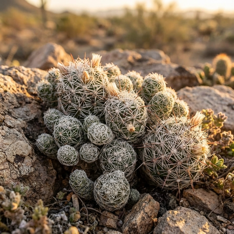 A cluster of Thimble Cactus - Mammillaria gracilis fragilis with spines grows among rocks in the desert at sunset, highlighting this low-maintenance cactus’s unique appeal.