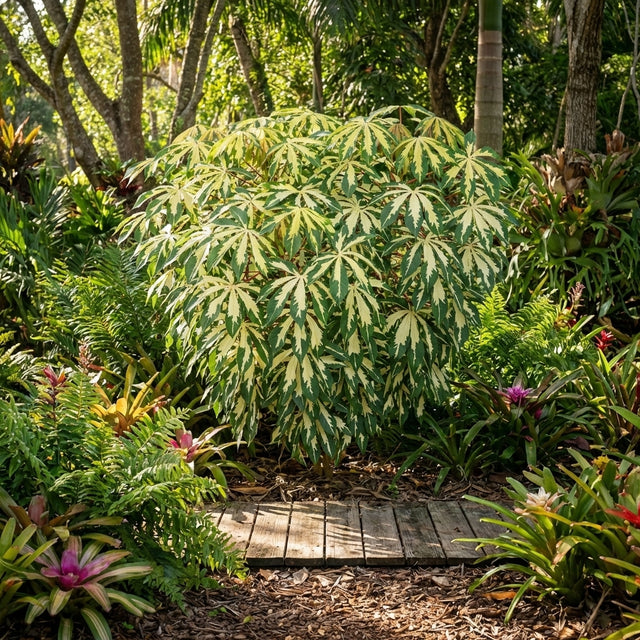Manihot esculenta ‘Variegated Cassava’ features yellow and green leaves, adding bold tropical foliage to gardens and making this Manihot esculenta an eye-catching ornamental shrub.