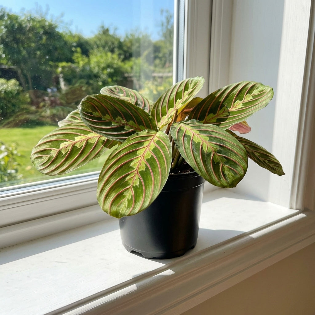A potted Maranta leuconeura ‘Erythroneura’ Red Stripe, known for its striking patterned leaves, sits on a sunny windowsill overlooking a lush garden.