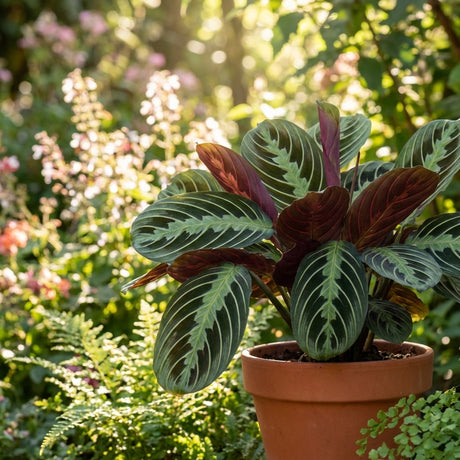 The Maranta leuconeura ‘Massangeana’ Black Maranta features striking patterned leaves, making it an ideal indoor houseplant that adds vibrant beauty and lush greenery to any space.