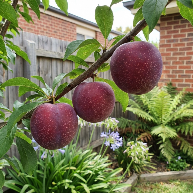 Three ripe Mariposa Plum (Prunus salicina ‘Mariposa’) fruits hang on a tree branch in a garden, with a fence and plants behind—a beautiful choice for home orchards.