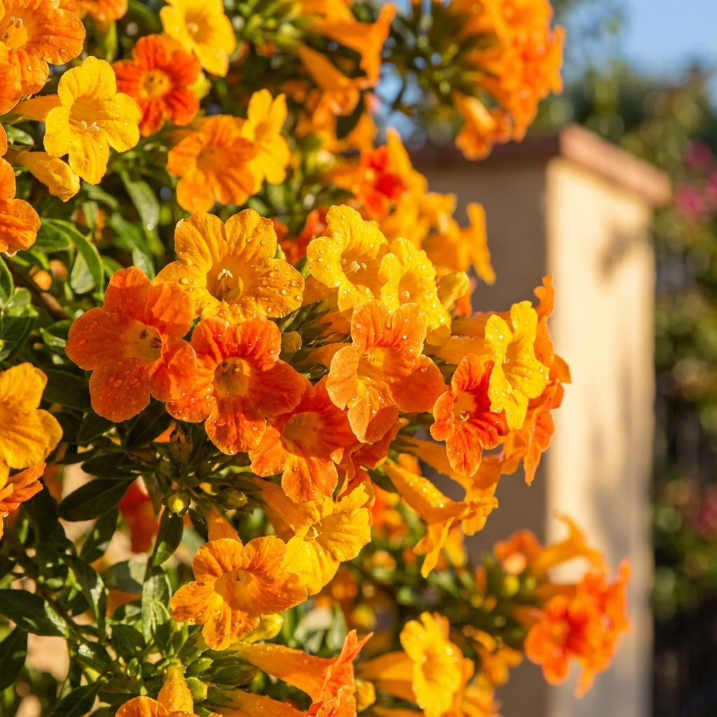 Clusters of bright orange and yellow flowers on the Marmalade Bush - Streptosolen jamesonii, an evergreen shrub, stand out in the sunlight against a soft-focus garden backdrop.