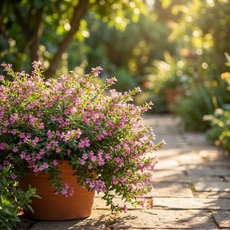 A potted Mauve False Heather (Cuphea hyssopifolia 'Mauve') with ongoing mauve blooms rests on a sunlit stone path in a vibrant garden.