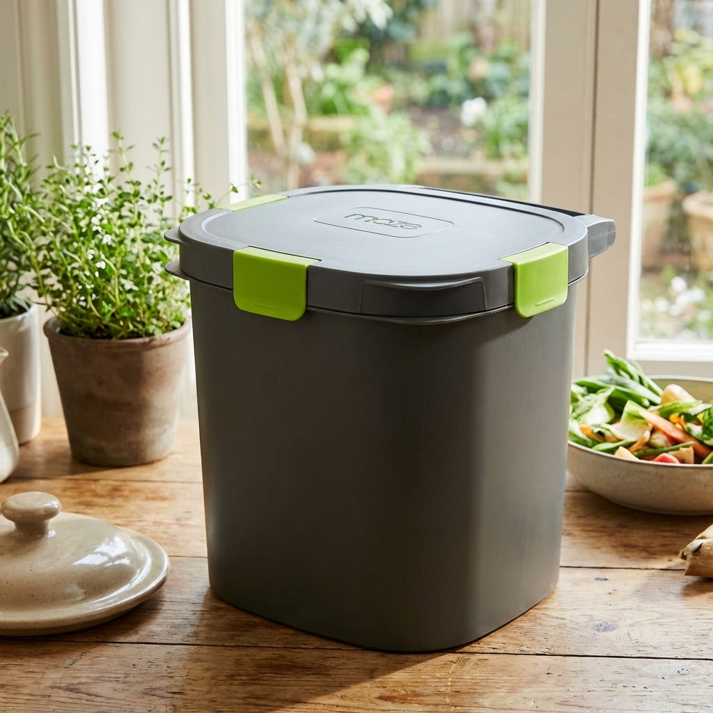 A Maze 14L Airtight Bokashi Indoor Compost Bin with a lid sits on a kitchen table near plants and a bowl of vegetable scraps.