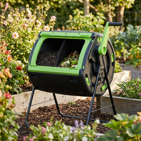 The Maze 2 Compartment Geared Compost Tumbler - 180L sits in a garden with flowers and raised beds, filled with compost and plant waste. Its green and black design is perfect for efficient composting outdoors.