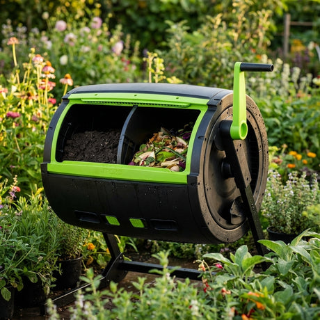 The Maze Premium Twin Compost Tumbler - 245L, filled with organic waste and soil, sits among lush plants and flowers, making garden composting easy and efficient.