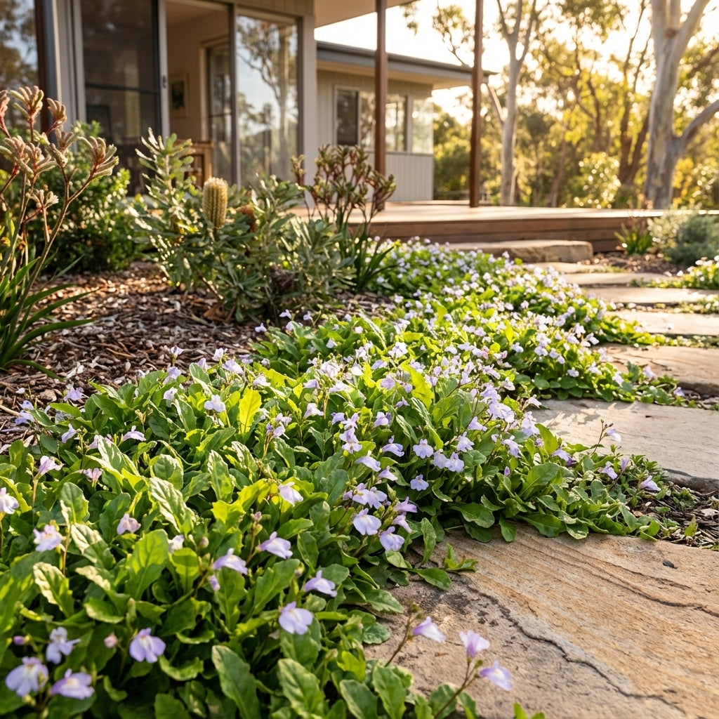 Purple wildflowers and green plants, including Mazus 'Fairy Lights' (Mazus reptans), border a stone pathway that leads to a modern house with a wooden deck.