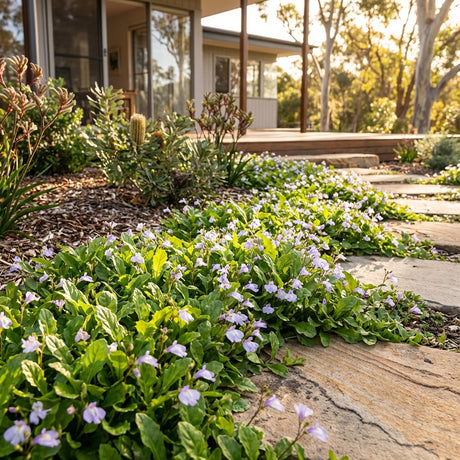 Purple wildflowers and green plants, including Mazus 'Fairy Lights' (Mazus reptans), border a stone pathway that leads to a modern house with a wooden deck.