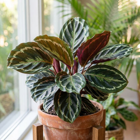 A Medallion Calathea - Calathea 'Medallion', an air-purifying plant with striking green and purple patterned leaves, sits by a sunlit window.