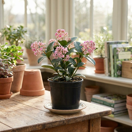 A Medinilla myriantha sits on a wooden table by the window, its pink flowers adding exotic flair as an indoor houseplant among other plants and books.