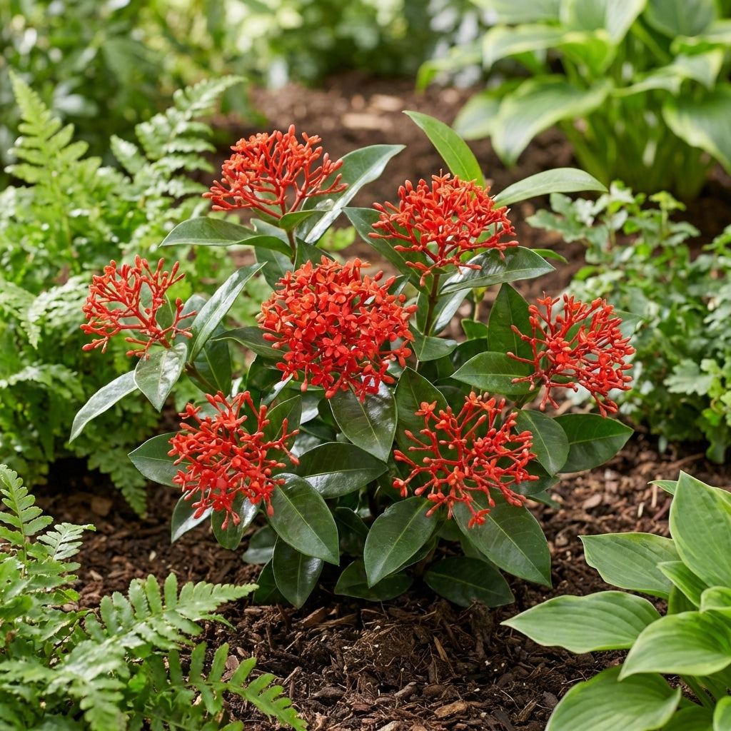 Medinilla scortechinii is a rare tropical shrub with glossy green leaves and vibrant pink flower clusters, perfect for adding unique beauty to your garden bed.