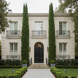 A symmetrical two-story house features tall windows, black double doors, and two Mediterranean Cypress - Cupressus sempervirens 'Glauca'—ideal drought-tolerant trees—standing proudly in front.