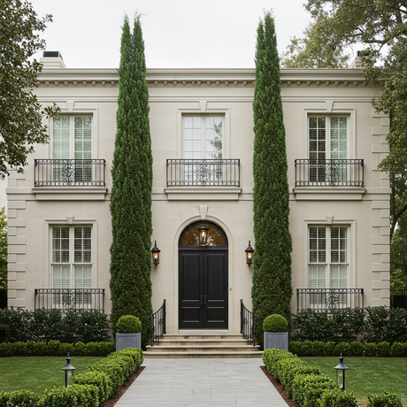 A symmetrical two-story house features tall windows, black double doors, and two Mediterranean Cypress - Cupressus sempervirens 'Glauca'—ideal drought-tolerant trees—standing proudly in front.