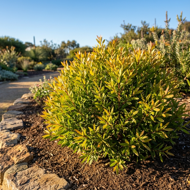 Melaleuca 'Mini Quini' (Melaleuca armillaris dwarf selection), a green shrub with yellow tips, is ideal as a compact landscaping plant in mulched garden beds with rock borders and nearby paths.