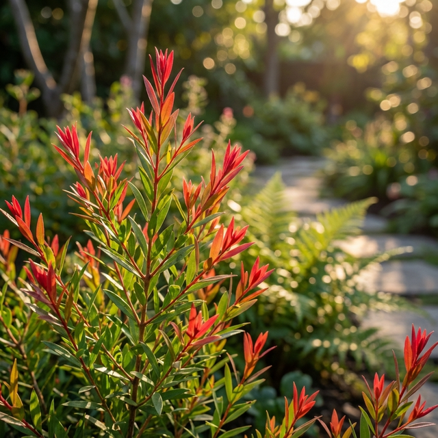 Sunlit garden with Melaleuca ‘Little Red’ - Melaleuca hybrid’s vibrant red-tipped foliage and ferns lining a winding stone path, glowing in the morning light.