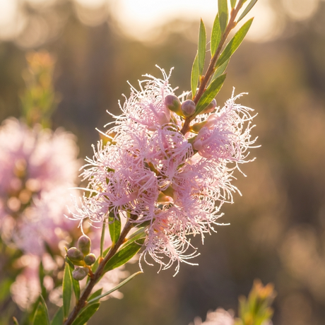 A close-up of Honey Myrtle - Melaleuca ‘Pink Lace’ displays its delicate, feathery pink bottlebrush flowers glowing softly in the sunlight.