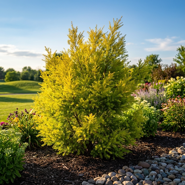 The Melaleuca ‘Revolution Gold’ (Melaleuca bracteata cultivar), an Australian native with golden foliage, brightens a landscaped garden bed filled with flowers and rocks beneath a sunny sky.