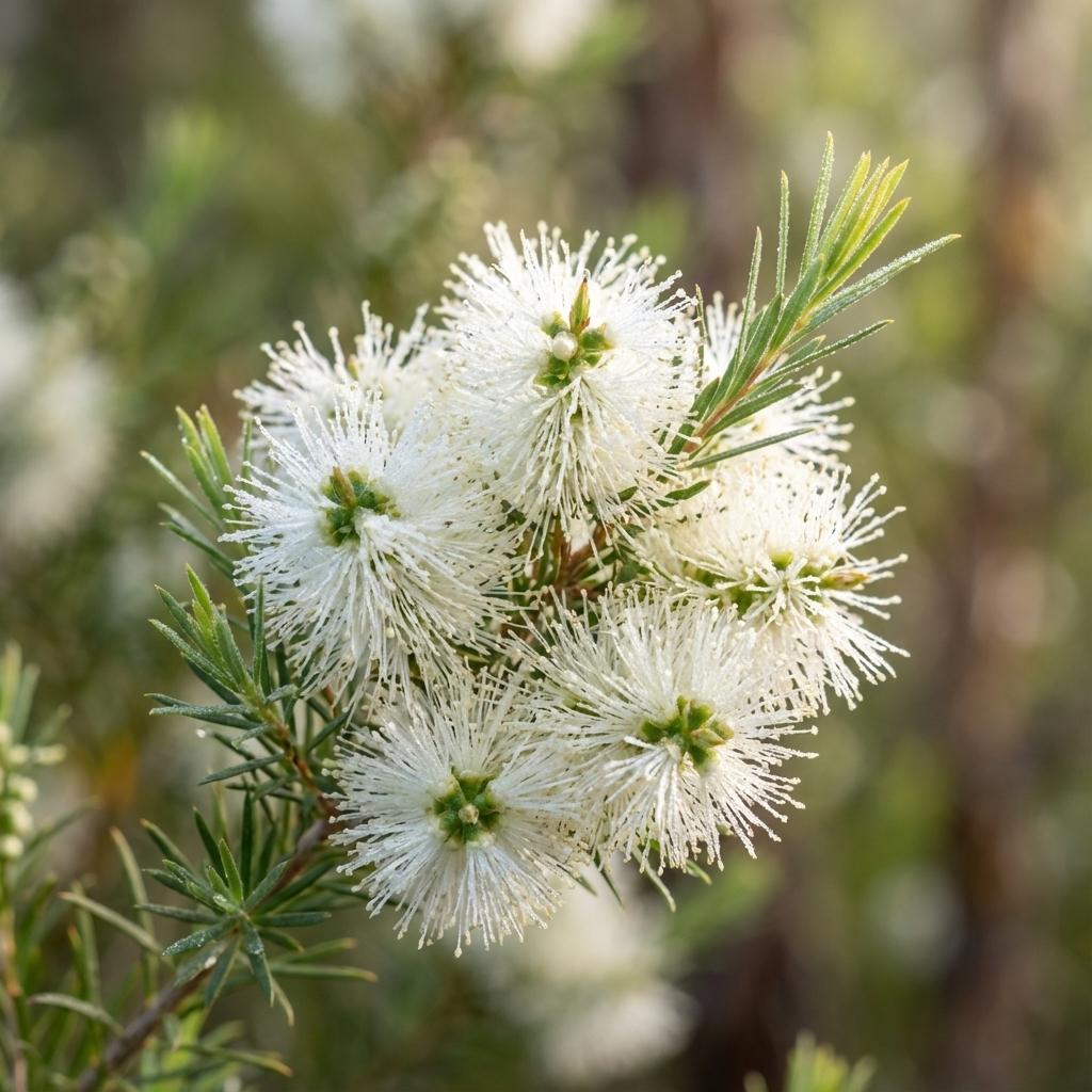 A close-up of white, fluffy flowers and green leaves of Snowstorm Melaleuca - Melaleuca linariifolia 'Snowstorm' in soft natural light—a striking hedging plant prized for its elegant white blooms.