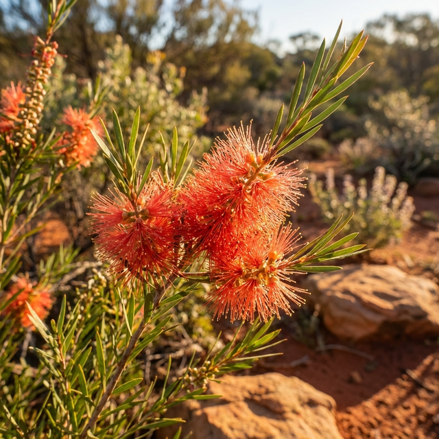 Apricot Honey Myrtle (Melaleuca fulgens) features vibrant red, spiky blooms and lush green leaves, adding color to sunlit rocky landscapes. This Australian native shrub is drought-tolerant and highly resilient.