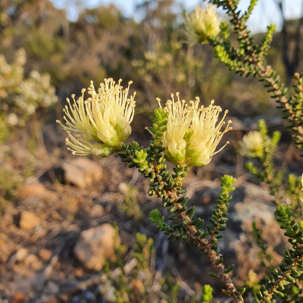 Close-up of pale yellow, bottlebrush-like flowers on Melaleuca micromera—an Australian native shrub with small, textured green leaves. Melaleuca micromera is drought-tolerant and thrives outdoors.